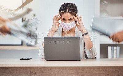 Buy stock photo Professional woman, stress headache at work and given paperwork documents at office. Burnout, anxiety and depression develop in overworked employees. Risk of frustrated, anger and mental health issue