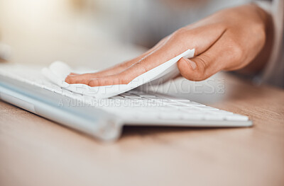 Buy stock photo Woman cleaning computer keyboard, covid safety and dust at office desktop workplace. Hands, cleaner and cloth wipe pc table for bacteria, dust and corona virus caution for sick workspace health risk