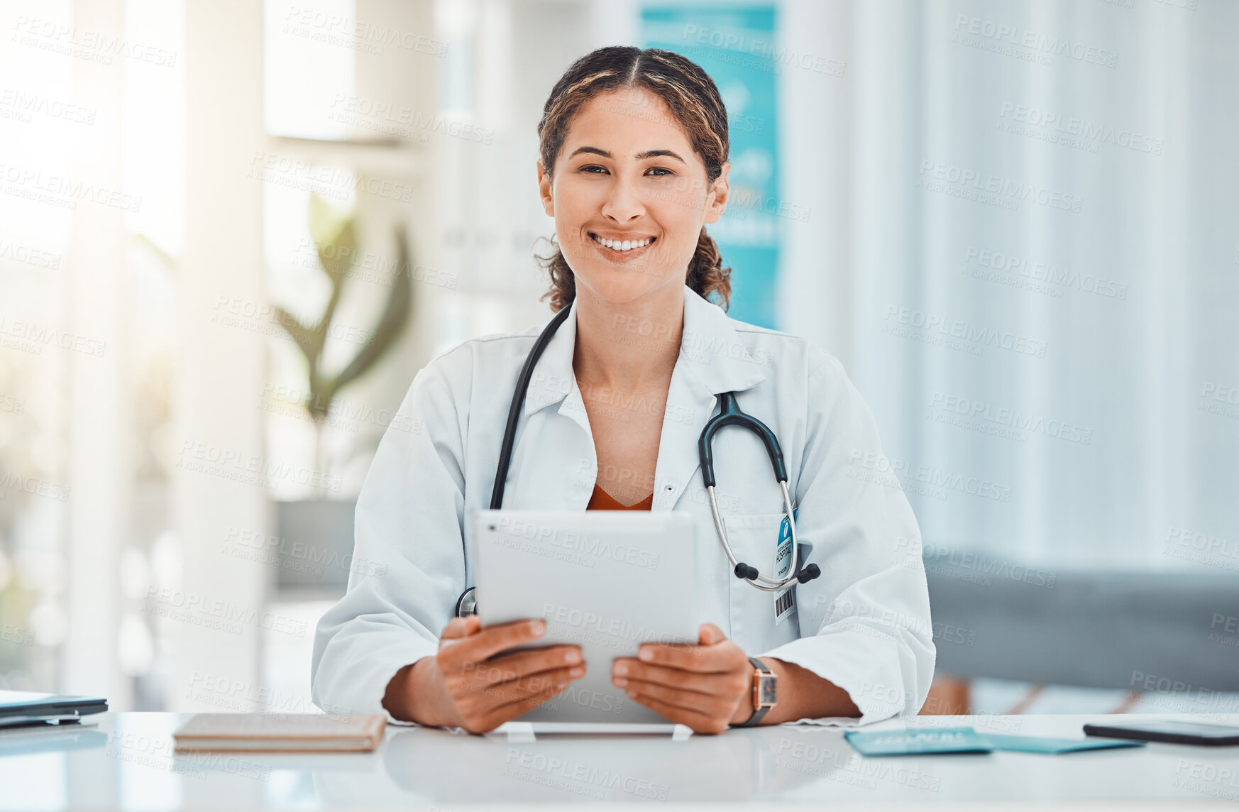 Buy stock photo Hospital, doctor and portrait with tablet in office for medical analysis research work online. Canada healthcare woman in consulting workplace with expert knowledge and professional advice.

