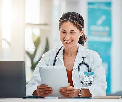 Buy stock photo Hospital, doctor and video call on tablet with happy communication online with patient in Canada. Healthcare woman on internet with technology app for virtual consultation conversation in office.