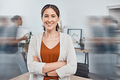 Buy stock photo Employee portrait, office busy and woman in leadership at advertising company with smile as management for startup. Marketing employee, manager or boss happy working at fast corporate agency