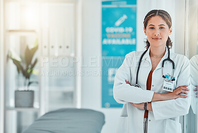 Buy stock photo Doctor expert, medical portrait and woman consulting in medicine healthcare while working at a hospital. Proud nurse, consultant and professional worker with arms crossed at cardiology surgery clinic
