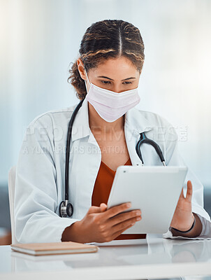 Buy stock photo Covid, doctor and woman with tablet working on covid 19, corona virus or medical healthcare research for pandemic solution. Digital mobile tech, telehealth and hospital employee with safety face mask