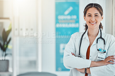Buy stock photo Healthcare, vision and proud doctor in hospital, leadership of innovation and medical goal. Health, medicine and consulting with portrait of female leader expert with motivation and healthy mission 