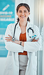 Doctor expert, medical portrait and woman consulting in a hospital, working in healthcare and happy after surgery at work. Cardiology nurse with smile for professional health and care for people 