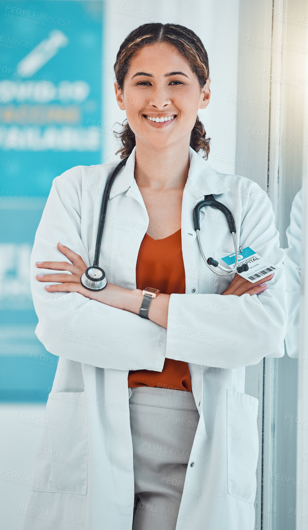 Buy stock photo Doctor expert, medical portrait and woman consulting in a hospital, working in healthcare and happy after surgery at work. Cardiology nurse with smile for professional health and care for people 