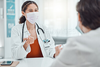 Buy stock photo Covid doctor, medical healthcare and patient talking to expert about insurance for surgery, sick results and help during consultation. Nurse consulting with person about covid 19 advice in office