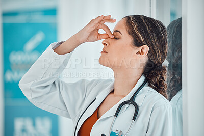 Buy stock photo Stress, anxiety and depression doctor in a hospital or clinic suffering from sad, challenge and fail. Woman healthcare or medical worker with mental health, frustrated and headache from work burnout