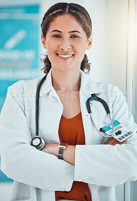 Buy stock photo Doctor care, healthcare expert and woman with medical vision for hospital medicine work. Portrait of proud nurse, consultant and worker consulting, helping and working at clinic with arms crossed
