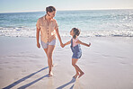 Beach, smile and happy mother with excited girl walking on the sand during summer travel vacation. Wellness, care and freedom with woman and child play together on costa rica family holiday outdoor