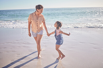 Buy stock photo Beach, smile and happy mother with excited girl walking on the sand during summer travel vacation. Wellness, care and freedom with woman and child play together on costa rica family holiday outdoor