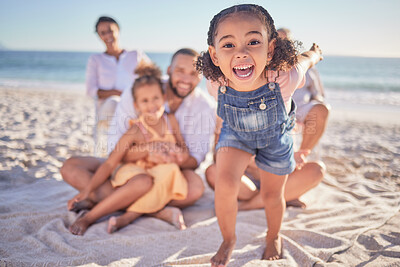 Buy stock photo Girl running, family and summer beach, holiday or vacation trip in Costa Rica. Love, travel and portrait of kids on sandy ocean or sea shore having fun, excited and happy smile together with parents.