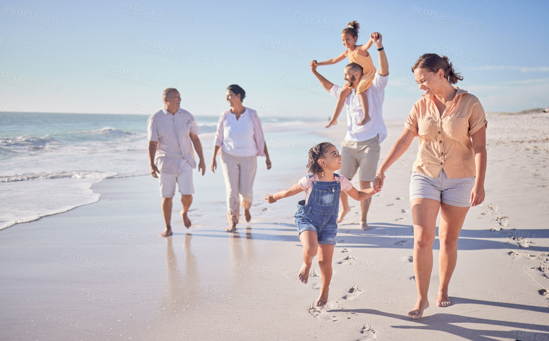 Buy stock photo Family, beach and happy in cancun vacation in summer with smile, laugh and love together walking on the sand. Laugh, bonding and chasing joy while men, women and kids playing on holiday travel