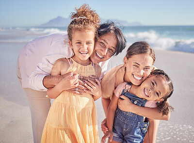 Buy stock photo Family, beach vacation and happy children with their mother and grandma out for fun, happiness and bonding on an adventure on a summer trip. Portrait of maternal women and girl kids or sister at sea