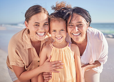 Buy stock photo Family, love and children with a girl, mother and grandmother on the beach for summer vacation. Portrait, travel and nature with a senior woman, daughter and kid by the sea or ocean in Hawaii