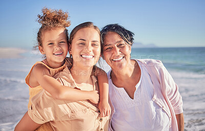 Buy stock photo Girl, mother and grandmother portrait on the beach during travel holiday in Spain in summer together. Child, mom and senior person in retirement with happy smile on vacation with family by the sea 