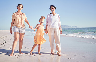 Buy stock photo Mothers day, mom and child with grandmother at the beach in to celebrate women with children as a happy family, Three generations, old woman and parent with girl at sea in summer and walking on sand