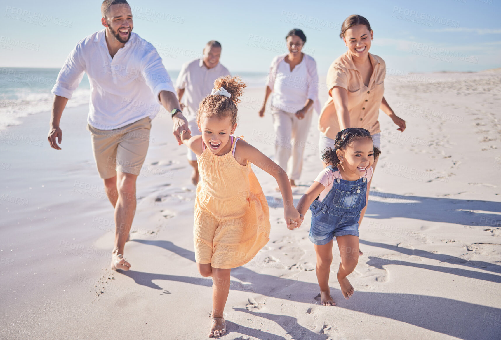 Buy stock photo Family, running and beach vacation for children, parents and grandparents enjoying energy and summer travel on fun tropical trip. Wellness and happy men, women and girl kids on costa rica holiday