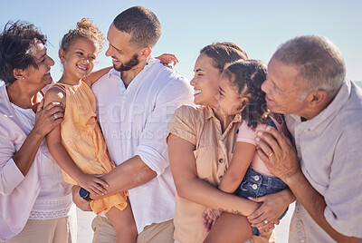 Buy stock photo Holiday, happy and big family love to travel outdoors bonding, quality time and enjoying memories in summer. Smile, grandparents and mother with father carrying young children siblings on vacation