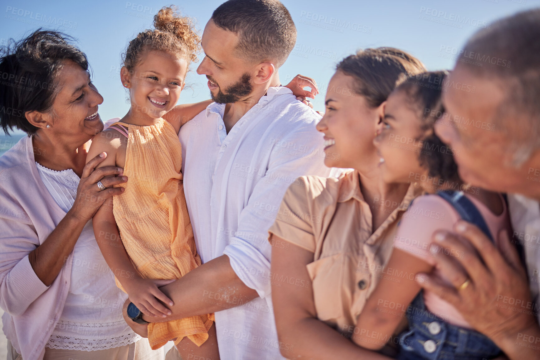 Buy stock photo Beach family, children smile and grandparents with love for kids on holiday in Brazil during summer. Happy girl siblings walking with mother, father and senior people by the ocean sea on vacation