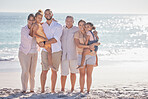 Grandparents, parents and children walking on the beach on holiday with family in Brazil during summer. Portrait of mother, father and girl kids on vacation by the sea with elderly people and mockup