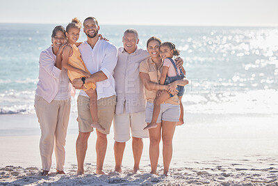 Buy stock photo Grandparents, parents and family children on the beach on holiday in Brazil during summer. Portrait of mother, father and girl kids on travel vacation by the sea with elderly people and mockup