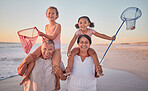 Children, grandparents and fishing with a family on the beach during summer for holiday, vacation or travel. Kids, happy and ocean with a senior man, woman and their grandkids by the sea at sunset