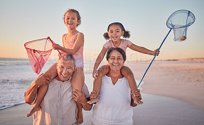Buy stock photo Children, grandparents and fishing with a family on the beach during summer for holiday, vacation or travel. Kids, happy and ocean with a senior man, woman and their grandkids by the sea at sunset
