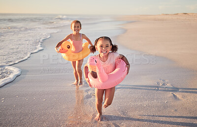 Buy stock photo Girls running, kids and beach holiday, vacation or summer trip in Mexico. Travel, portrait and children on sandy ocean sea shore having fun, excited and happy smile together trying to catch waves.
