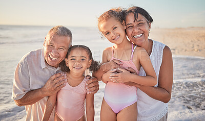 Buy stock photo Family, children and beach with a girl, grandparents and sister on the sand by the ocean or sea at sunset. Kids, summer and travel with a grandfather, grandmother and grandchildren on holiday