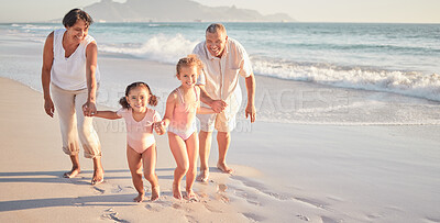 Buy stock photo Family beach, summer love and children with smile for holiday at the sea in Mexico with grandparents. Portrait of girl kids running and playing by water on nature vacation with senior man and woman 