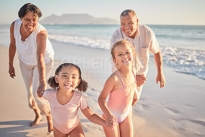 Buy stock photo Girl, kids and happy grandparents at beach, on holiday or vacation together. Grandma, children and grandpa play by ocean, smile on family travel in summer on walk by sea in Cape Town, South Africa