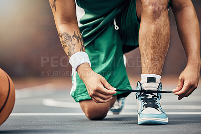 Buy stock photo Basketball player shoes on court, start game and hands tie sneakers shoelaces with ball. Sports man prepare for competition, player training in summer and strong athlete kneeling ready for workout