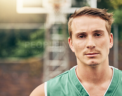 Buy stock photo Basketball, fitness man and face with goals for wellness exercise, competition workout or professional training. Portrait, sports athlete and player with mindset for match or game on court