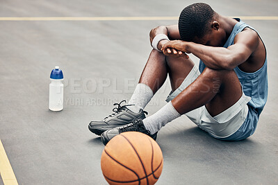 Buy stock photo Tired, depression or sad basketball player with training gear after game fail, mistake or problem. Depressed, mental health and anxiety or stress sports, athlete teenager man frustrated with results