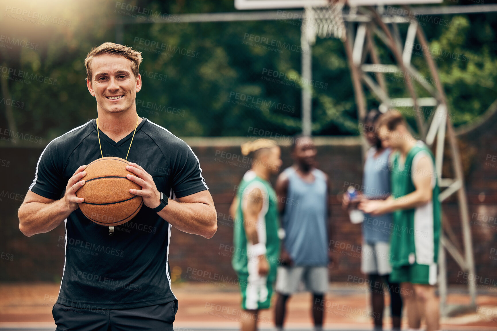 Buy stock photo Outdoor basketball court, coach and happy man portrait training, collaboration and sports for college athlete team, professional player and fitness group. Proud, smile and teaching expert game skills