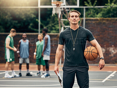 Buy stock photo Coach, man and basketball portrait on court training for match, game or competition. Exercise, sports and mindset, vision and motivation of trainer in Canada for workout fitness, wellness and health.