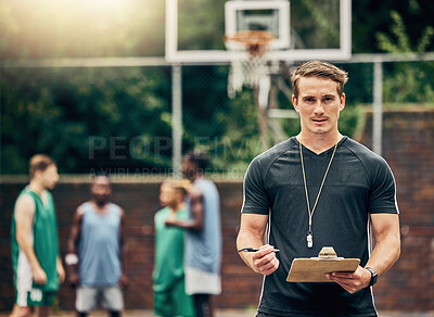 Buy stock photo Basketball coach on court training team for game, tournament and competition outside. Confident, trainer and man focus on workout or teamwork to prepare, motivation and plan play strategy at practice