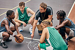 Basketball, team and sport teamwork coach match planning  of a fitness exercise and game. Motivation, athlete training and sports workout of people ready to start cardio together on a outdoor court