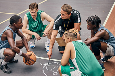Buy stock photo Basketball, team and sport teamwork coach match planning  a fitness exercise and game. Motivation, athlete training and sports workout of people start game strategy together on a outdoor court