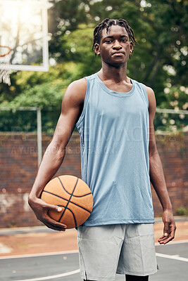 Buy stock photo Basketball player, black man portrait and outdoor sports court training, workout and game in New York, USA. Young athlete playing ball in community playground, urban action and competition with focus