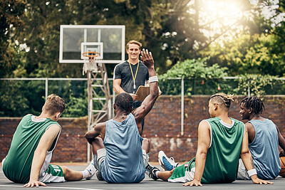 Buy stock photo Basketball coaching, training meeting and team with question for coach during sports on outdoor court. Professional athlete sport group talking about university sport game on campus in Canada