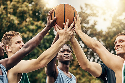 Buy stock photo Training, friends and community support by basketball players hand connected in support of sports goal and vision. Fitness, trust and motivation on basketball court by happy, united professional men