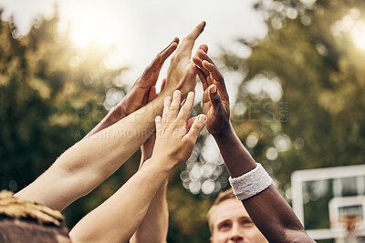 Buy stock photo Basketball, winner and hands, team high five for outdoor game. Success, diversity and victory goal for sports for men. Teamwork, diversity and support, friends on basketball court together with coach