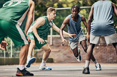 Buy stock photo Energy, fitness and basketball at basketball court with team playing in competitive sports game. Exercise, training and sport challenge by group of players running, competing intense cardio workout