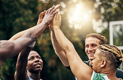 Buy stock photo High five, basketball and teamwork success hands, motivation and target goal. Winner mindset, vision and team training to win game or sports competition for health, fitness and exercise wellness.
