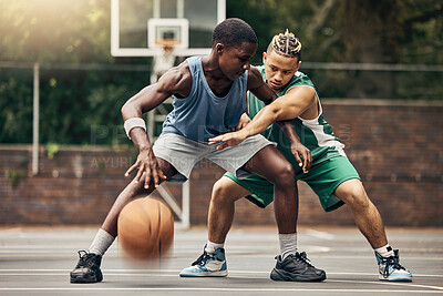 Buy stock photo Basketball sport, outdoor game and men training on court for professional event with energy together. Athlete team playing fast sports in collaboration with action for exercise, workout and health