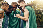 Basketball, sports motivation and happy team excited with win of game, tournament or competition. Teamwork, celebration and happiness at athlete meeting after exercise, fitness or training workout