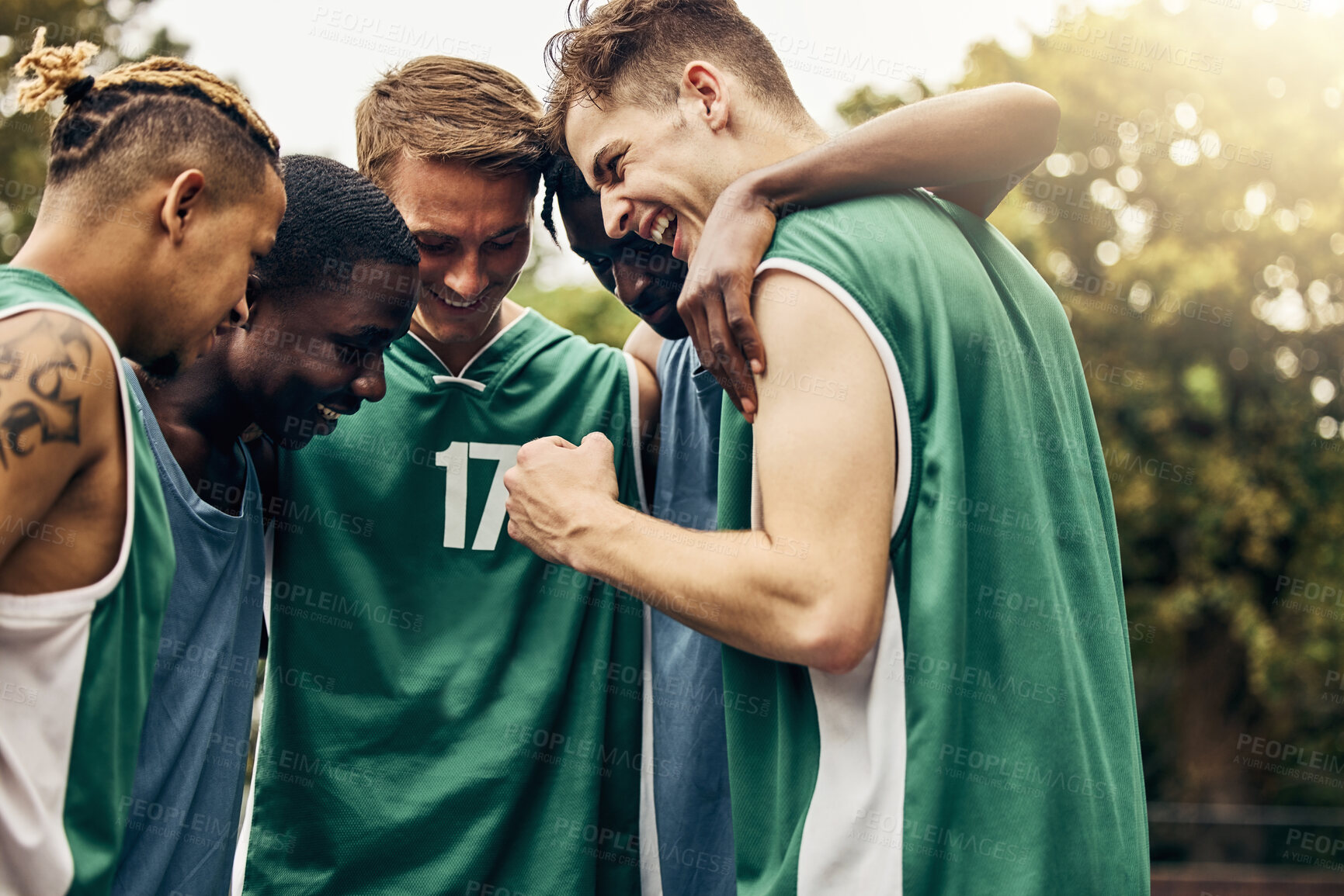 Buy stock photo Basketball, sports motivation and happy team excited with win of game, tournament or competition. Teamwork, celebration and happiness at athlete meeting after exercise, fitness or training workout