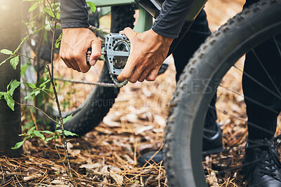 Buy stock photo Cycling, maintenance and hands of man with mountain bike fix, service or repair wheel gear, chain or tire equipment. Nature race, adventure journey and person working on bicycle for travel in forest